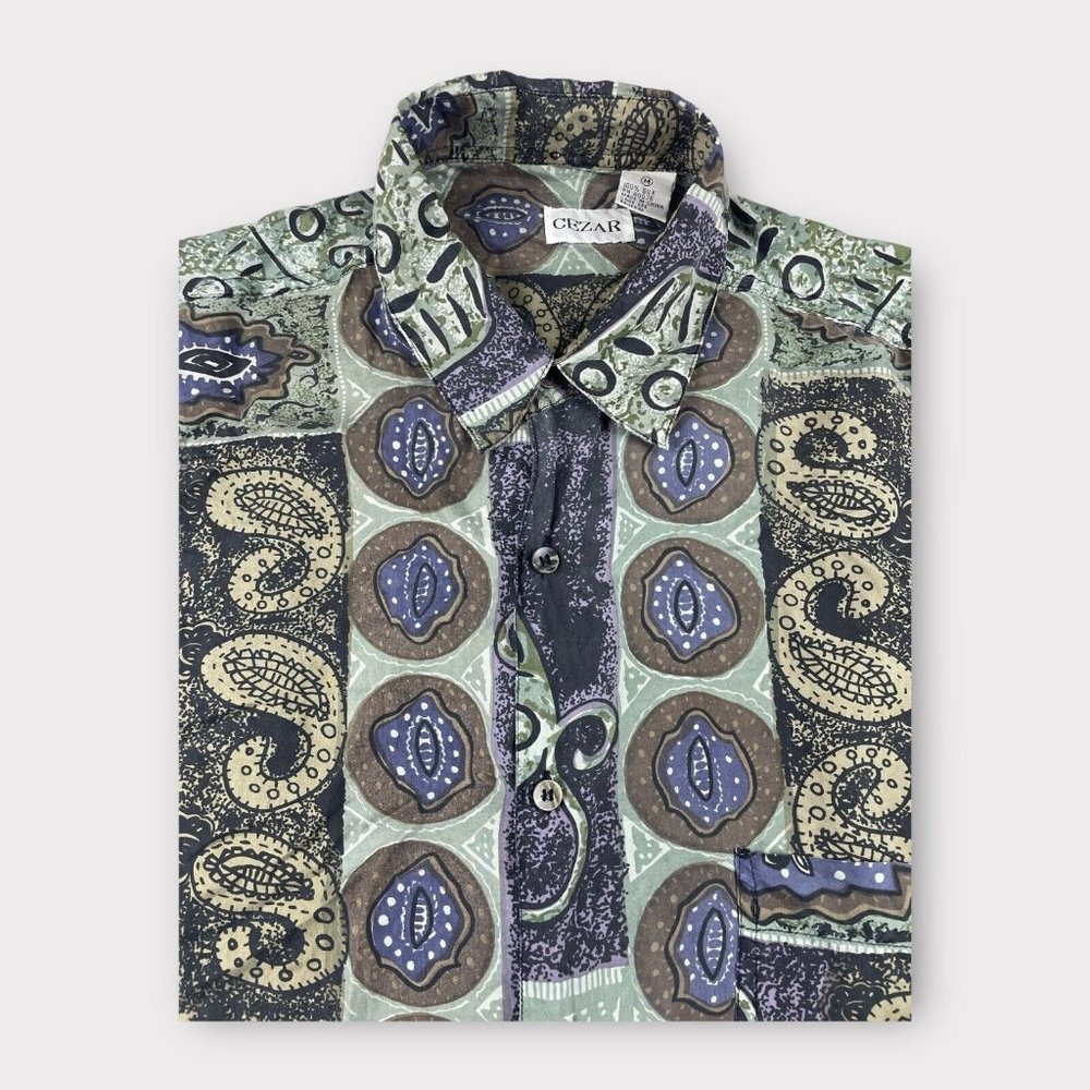 Cezar Abstract Artistic Aztec Style Shirt Mens Size Medium 100% Silk Long Sleeve